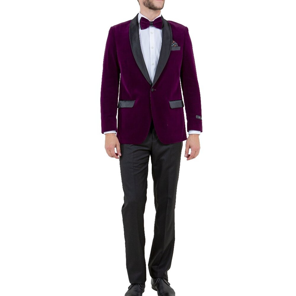 Purple Velvet Satin Shawl Collar Slim Fit Men's Jacket